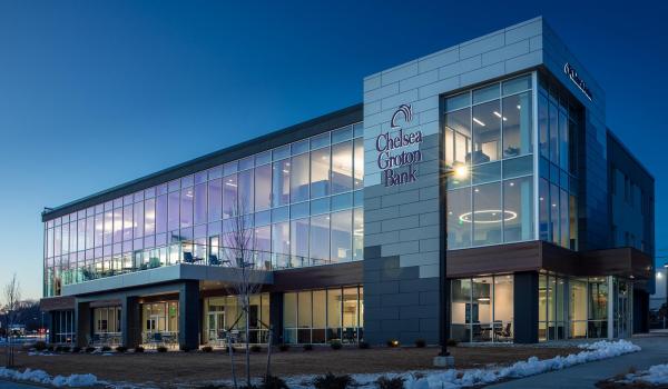 Chelsea Groton building at dusk