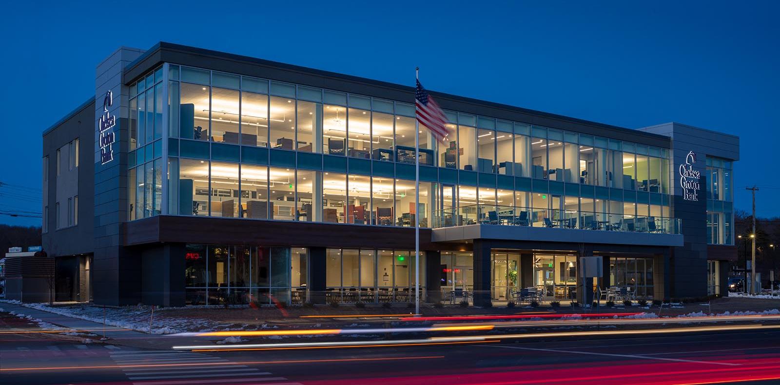 Chelsea Groton building at dusk