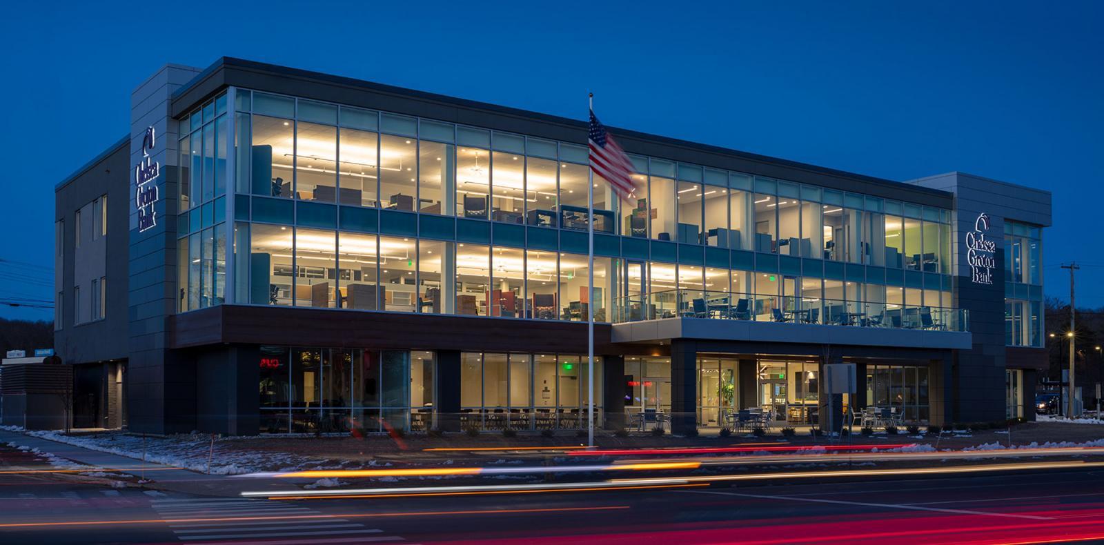 Chelsea Groton Bank building at dusk